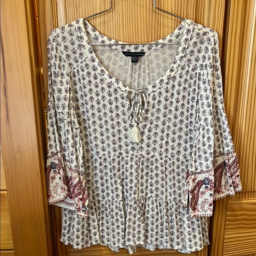 American Eagle Outfitters White and Red V-Neck Bell Sleeve Top
